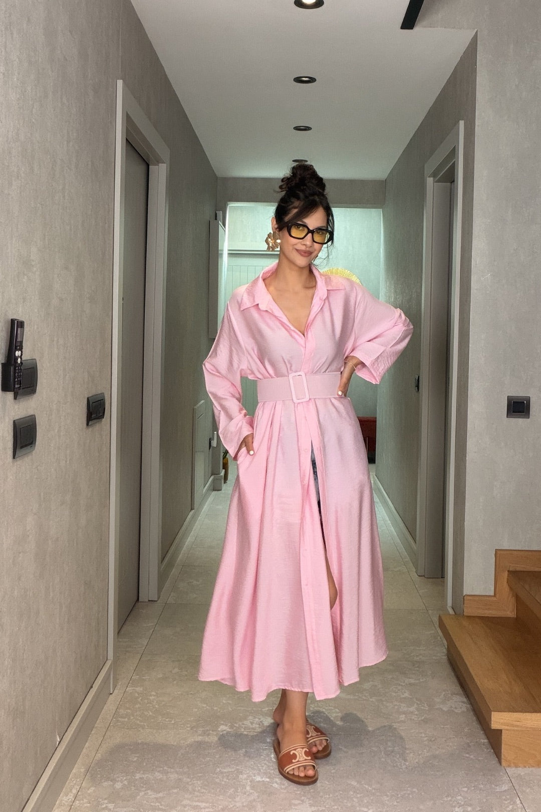 Pembe İthal Kemerli Maxi Elbise