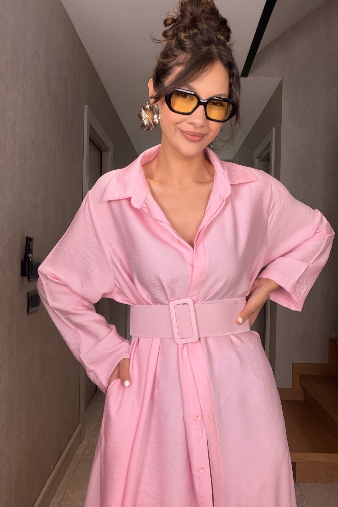 Pembe İthal Kemerli Maxi Elbise