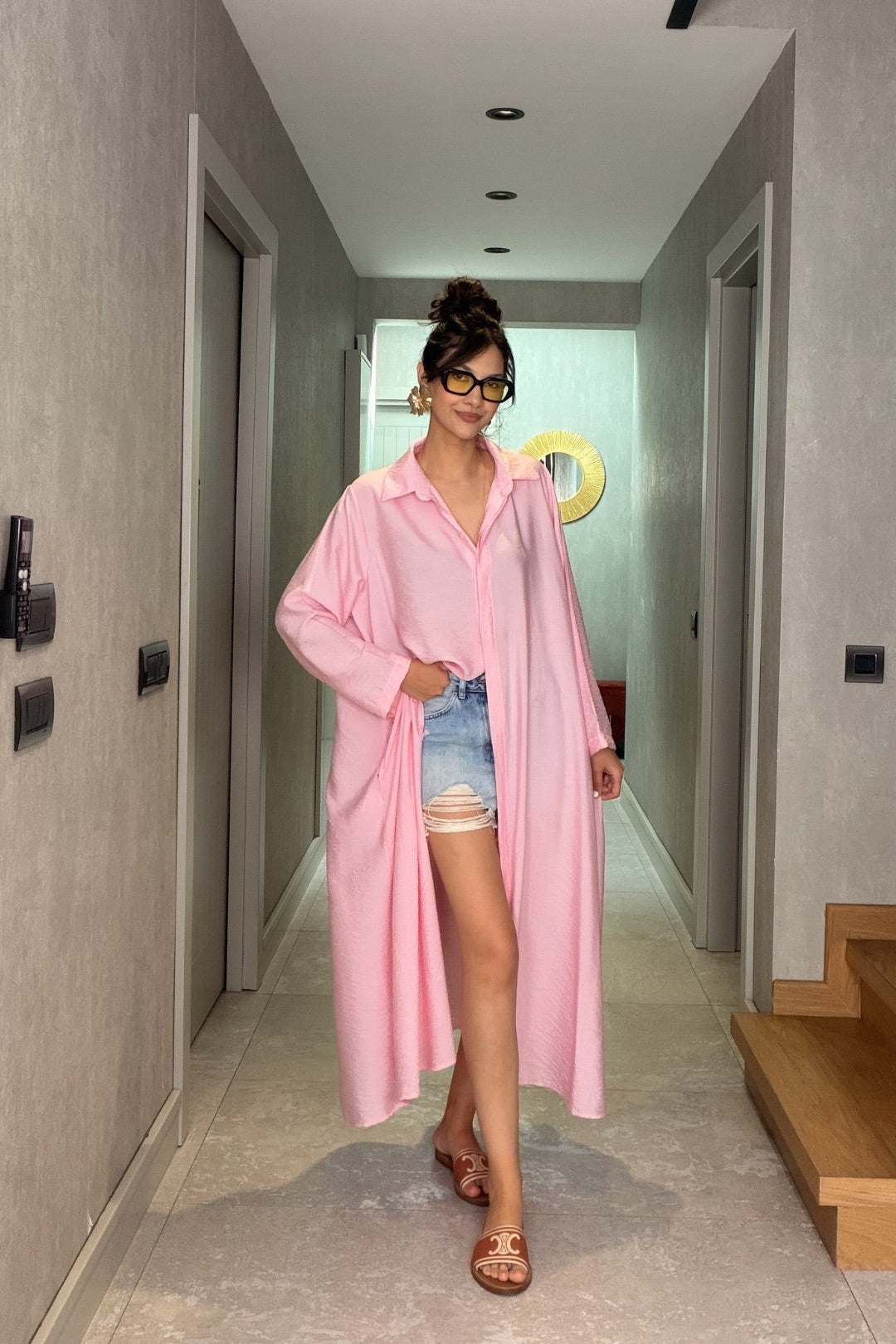 Pembe İthal Kemerli Maxi Elbise