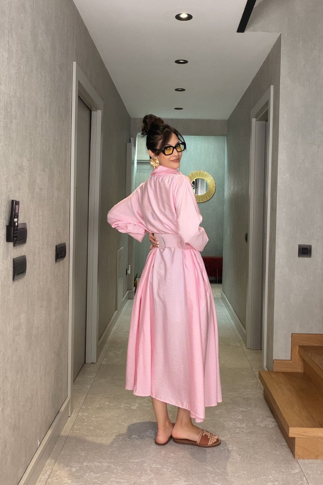 Pembe İthal Kemerli Maxi Elbise
