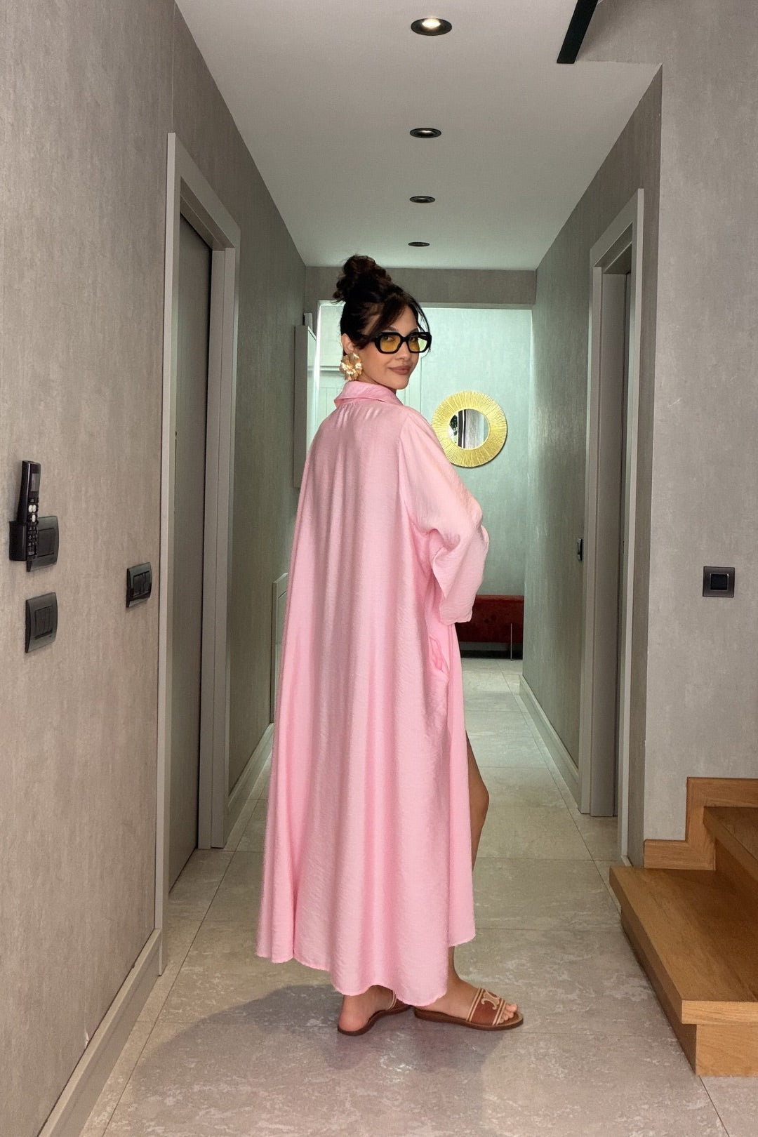 Pembe İthal Kemerli Maxi Elbise
