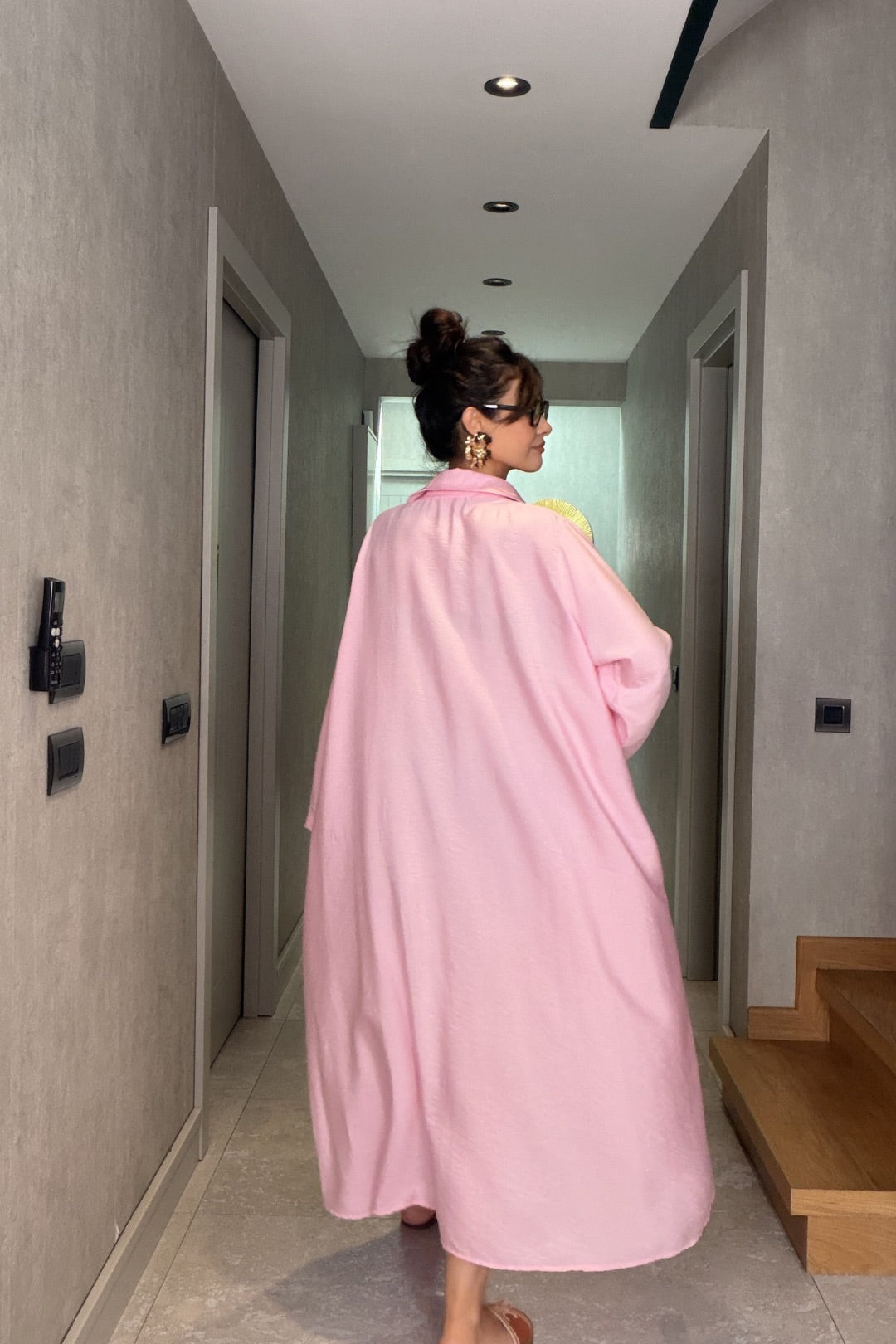 Pembe İthal Kemerli Maxi Elbise