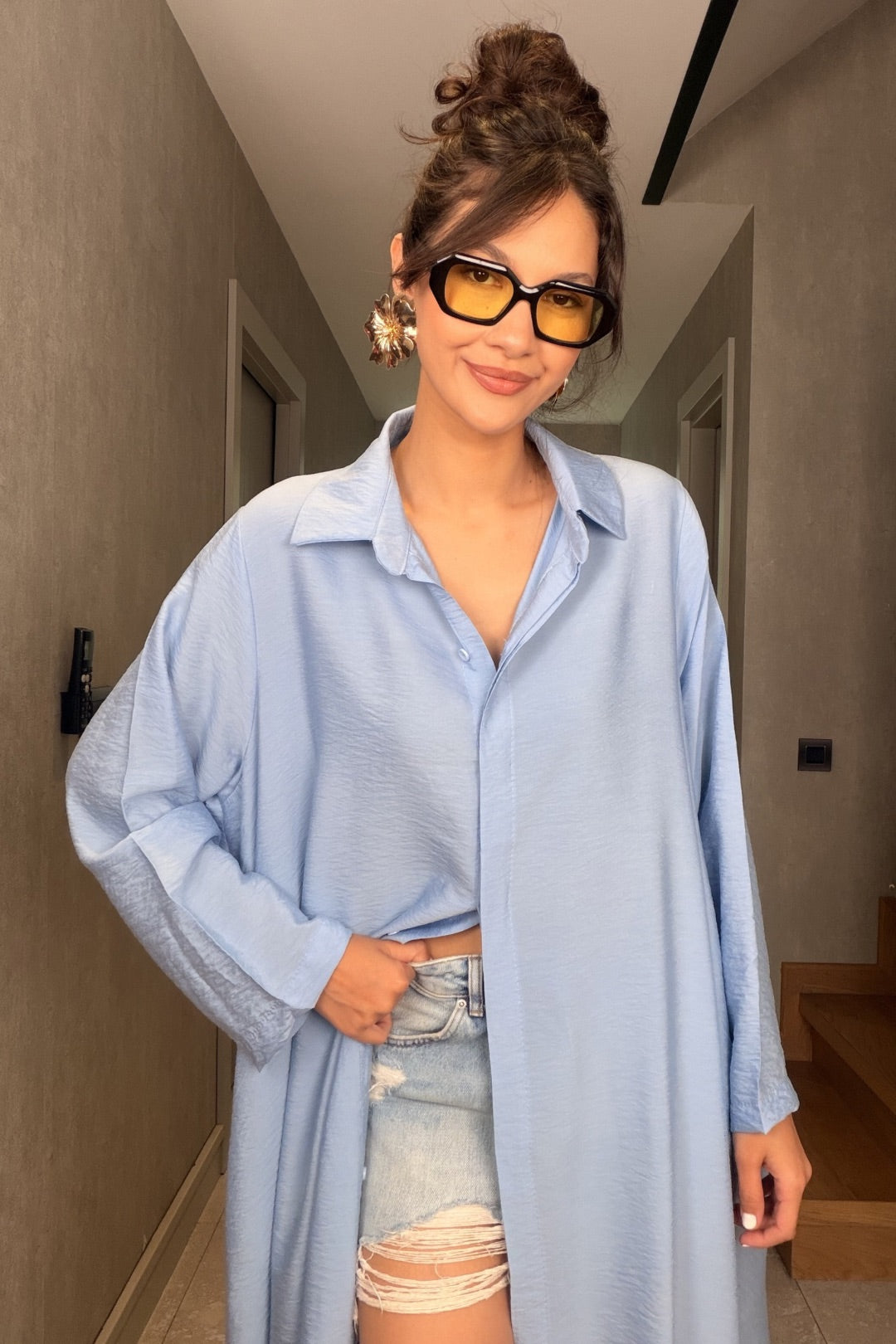 Bebe Mavi İthal Kemerli Maxi Elbise