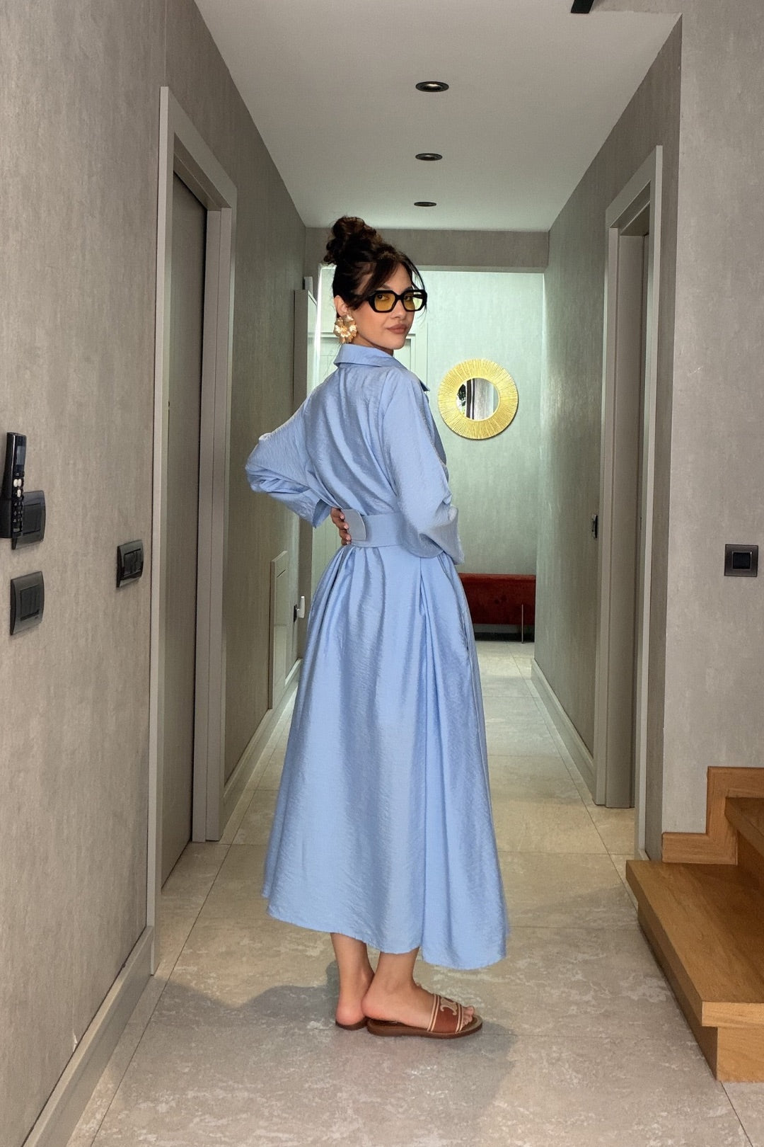 Bebe Mavi İthal Kemerli Maxi Elbise
