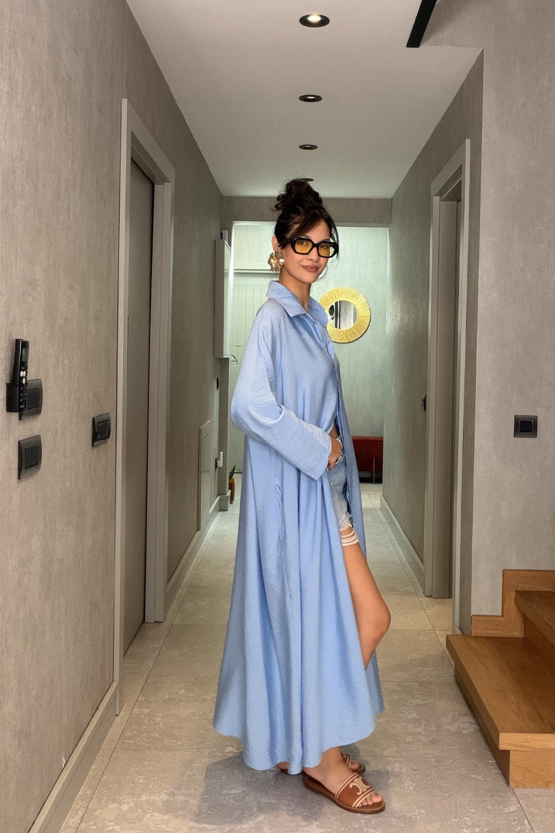 Bebe Mavi İthal Kemerli Maxi Elbise