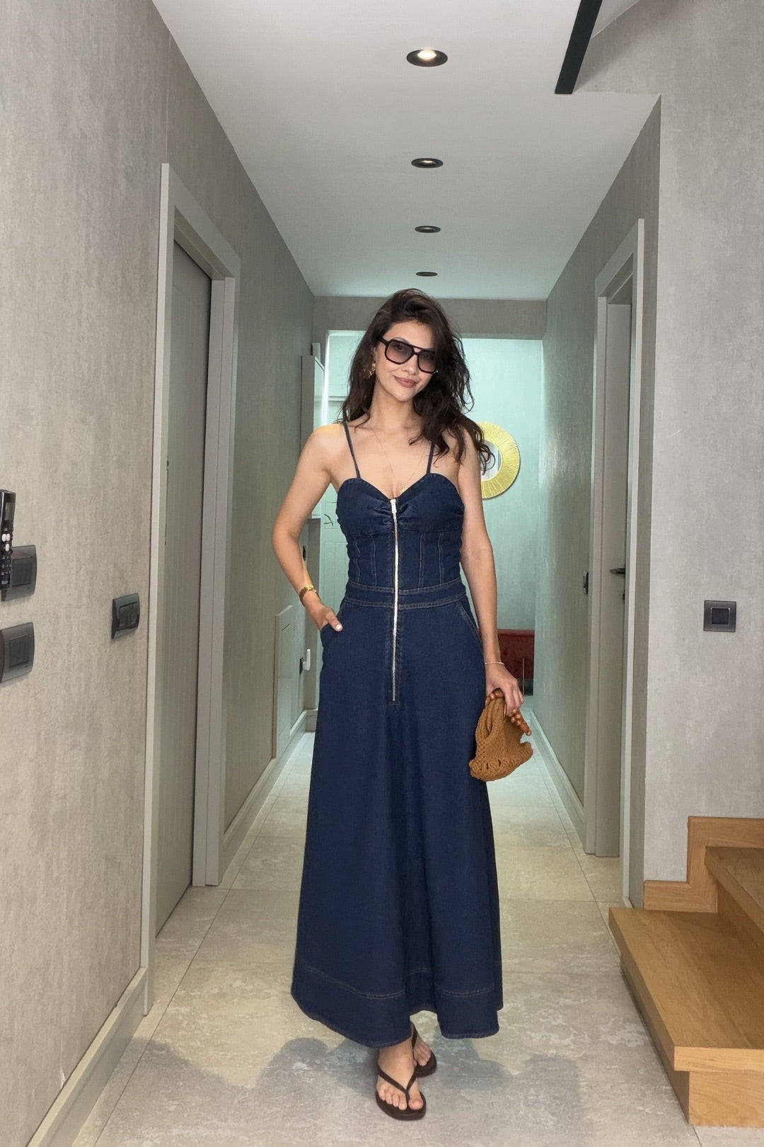 Mavi Askılı Fermuarlı Jean Elbise