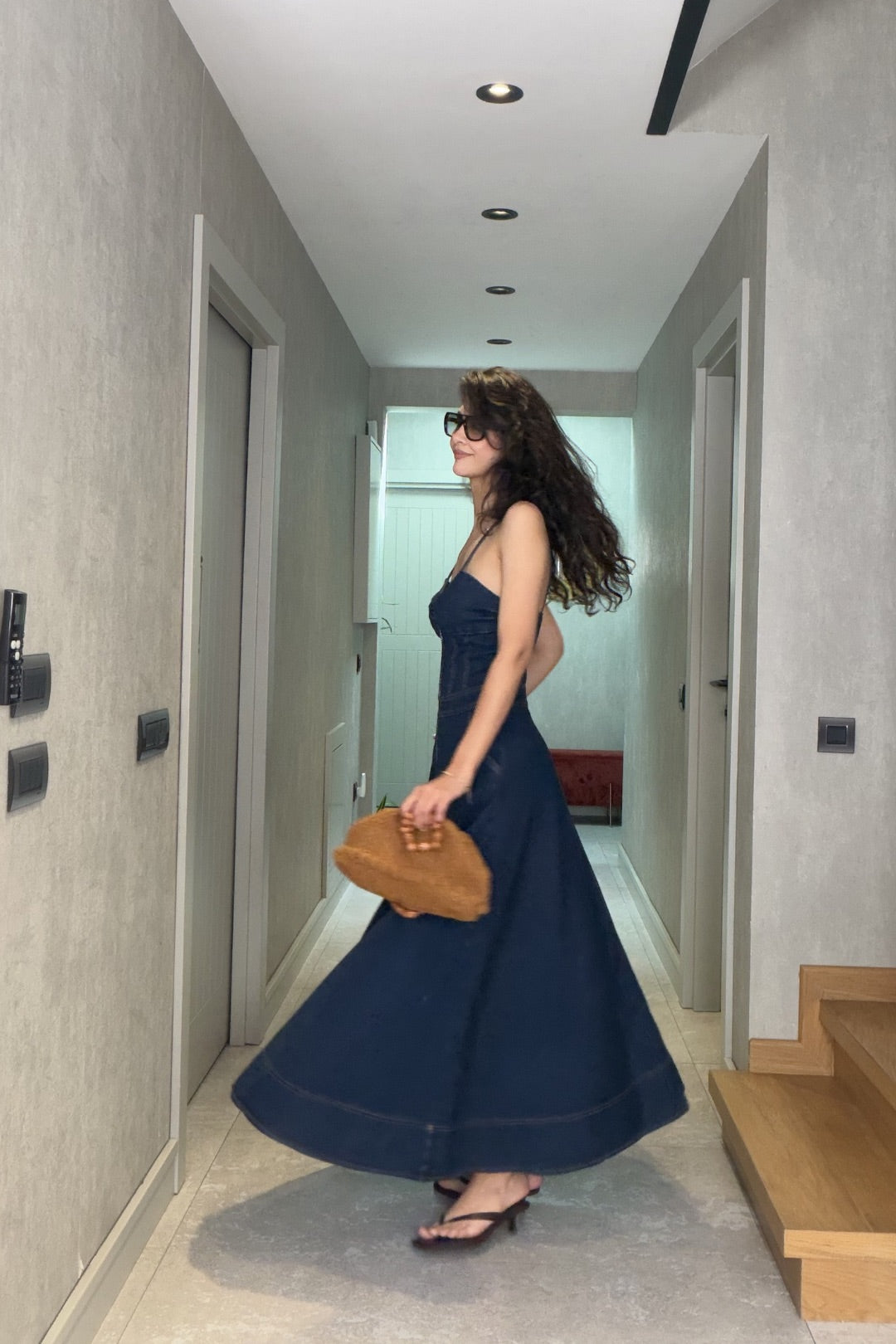 Mavi Askılı Fermuarlı Jean Elbise