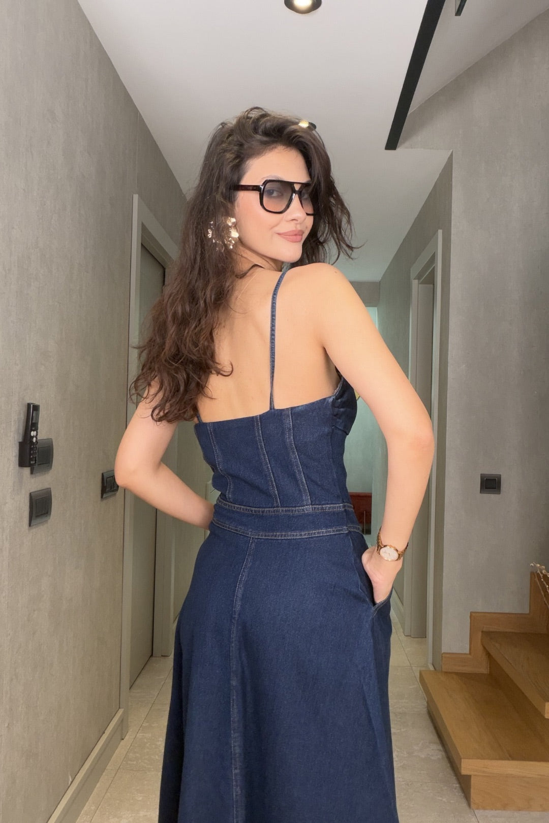 Mavi Askılı Fermuarlı Jean Elbise