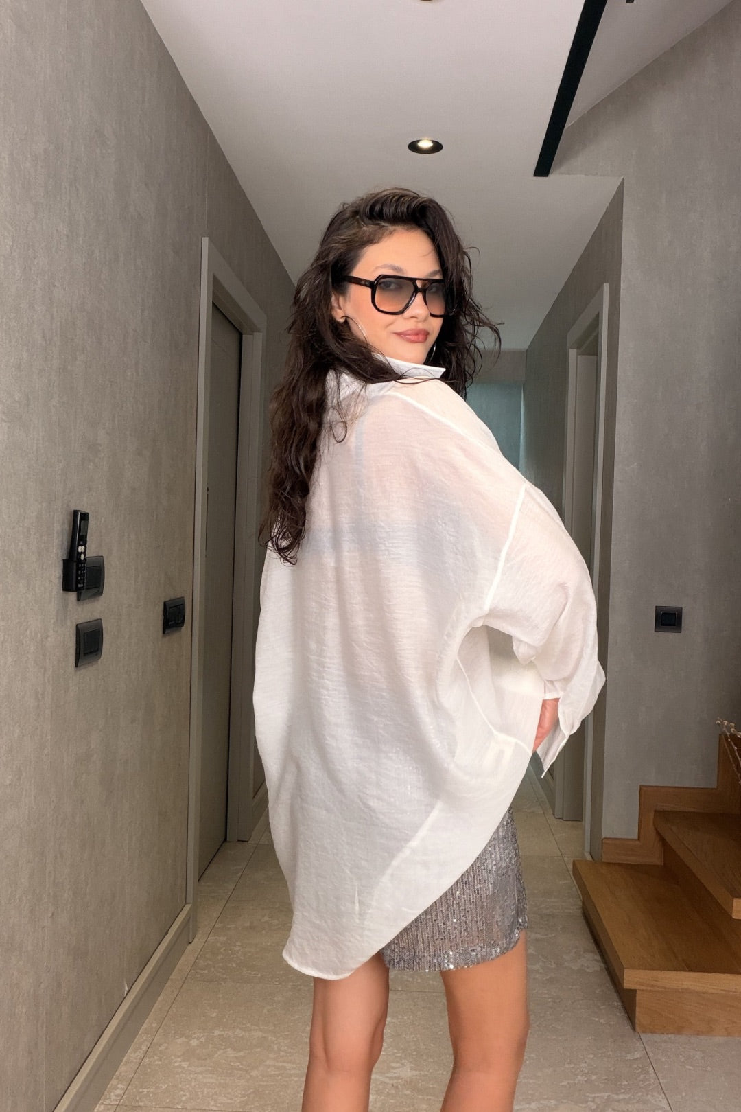 Beyaz Tül Modal Maxi Gömlek