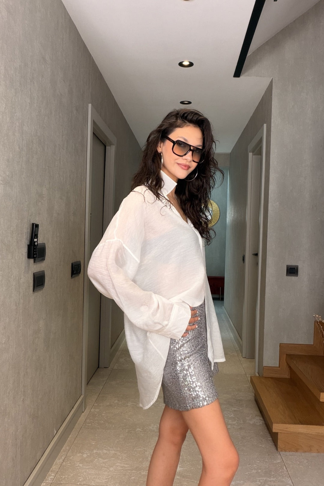 Beyaz Tül Modal Maxi Gömlek