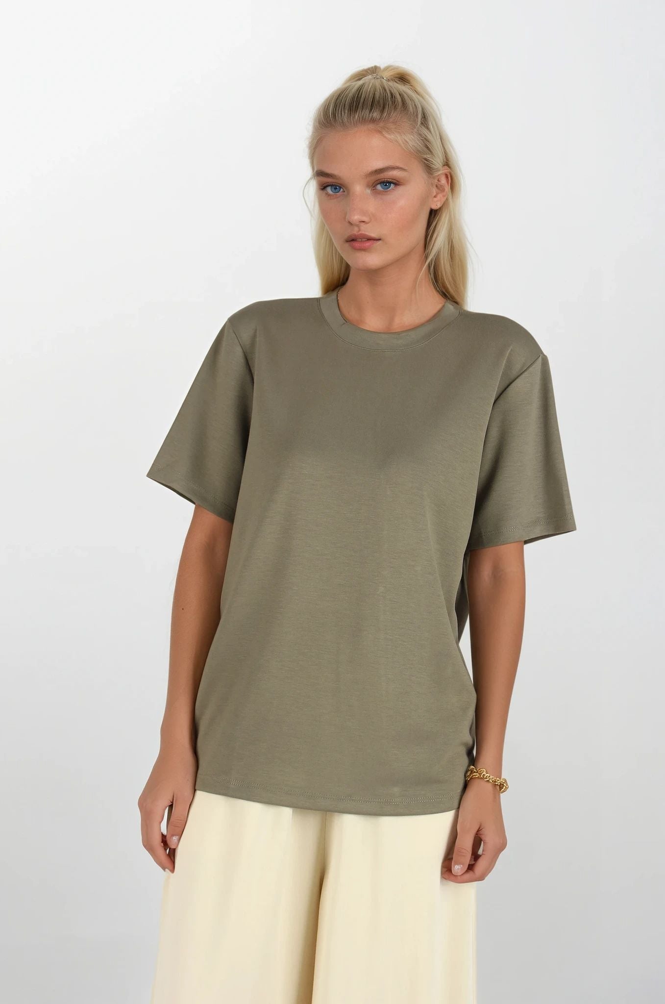 Haki Bisiklet Yakalı Oversize T-Shirt