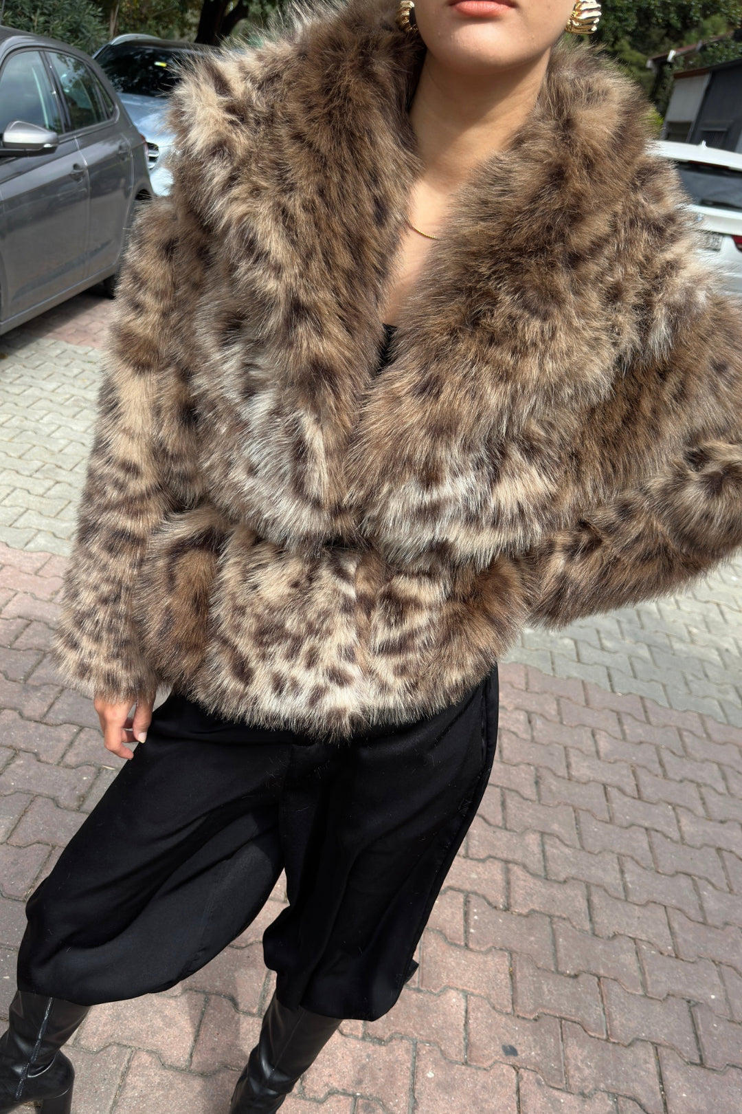 Leopar Kemer Detaylı Desenli Kürk