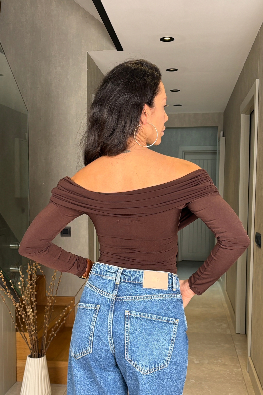 Kahverengi Kruvaze Drape Yaka Bluz