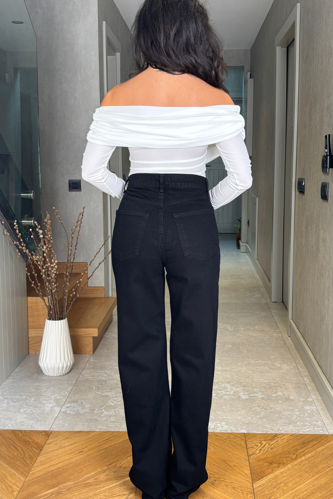 Siyah Yüksek Bel Wideleg Jean