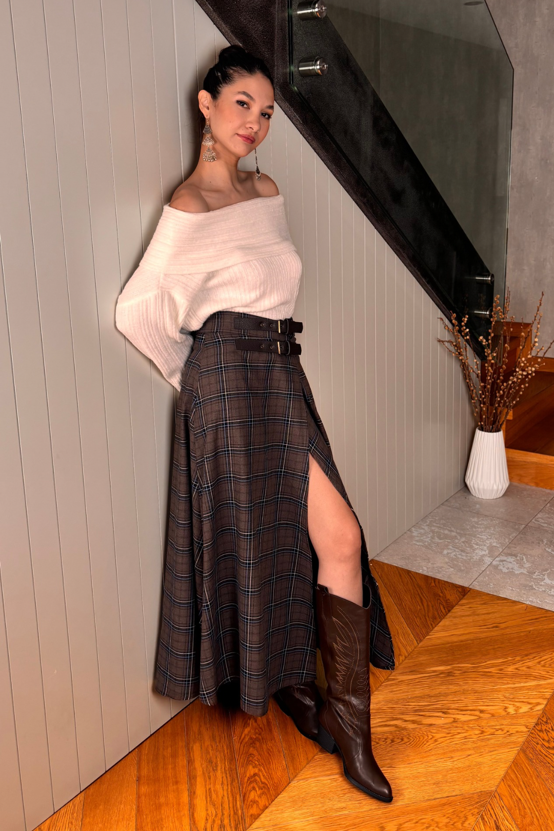 Kahverengi Ekose Yırtmaçlı  Etek